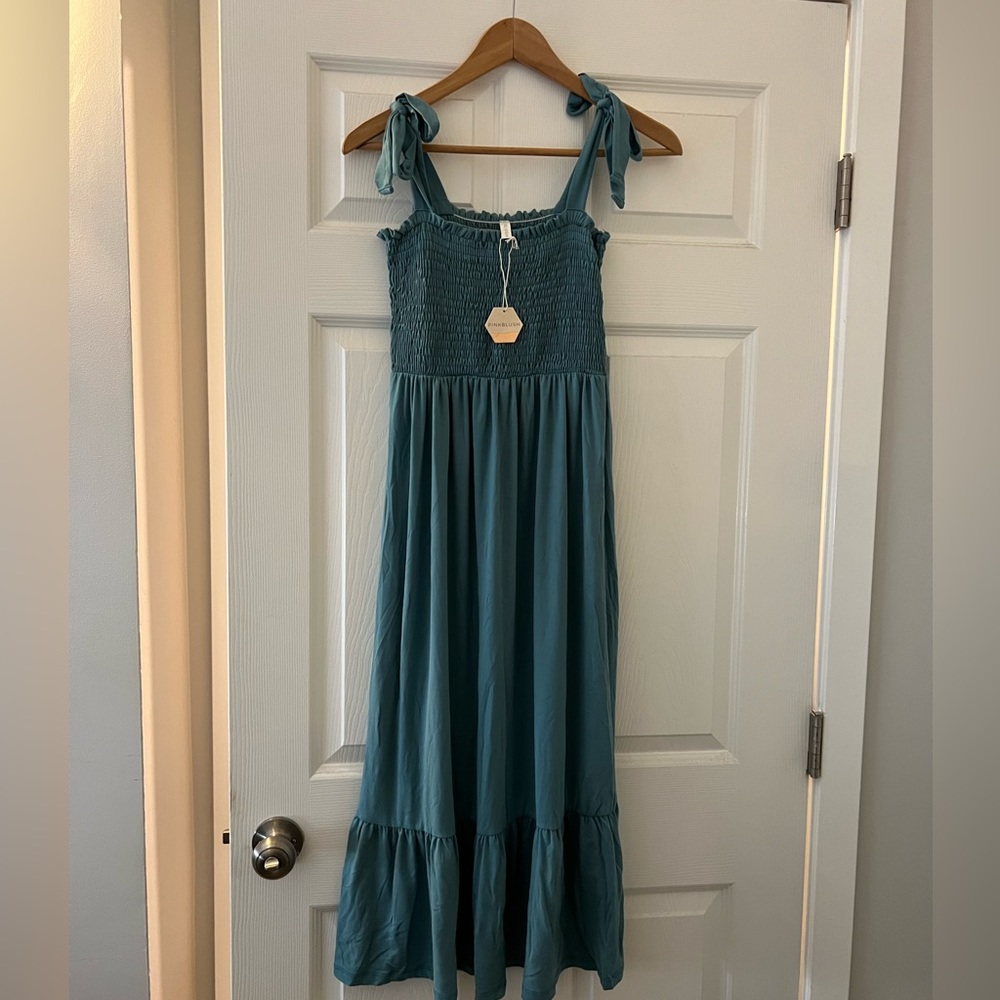PinkBlush Teal Tie-Shoulder Smocked Maternity Midi Dress (New With Tags)
